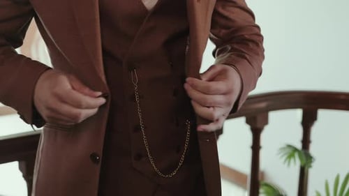 Man Buttons Brown Suit Jacket with Pocket Watch Chain