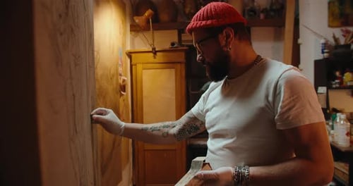 Male Artist Paints a Canvas in His Art Studio