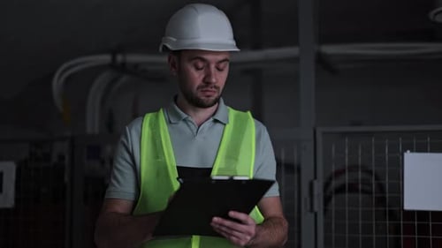 Electrical Engineer Inspects Switchboard and Writes Notes on Clipboard in Server Room