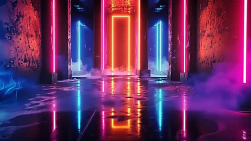 Neon corridor with vibrant lighting and smoky atmosphere