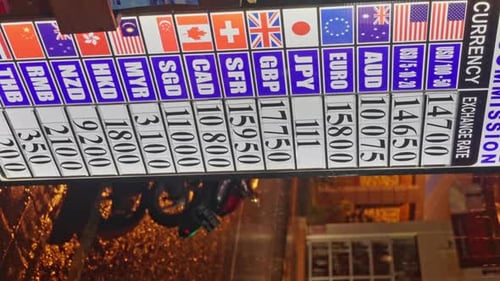 Money Exchange Office at Night Advertising Sign of a Bank with Exchange Rates