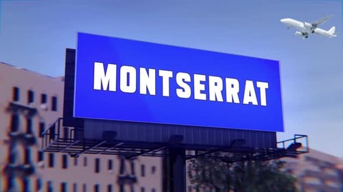 Montserrat Road Sign With A Street Billboard And An Airplane Taking Off In The Background