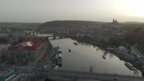 April 2024 - 4K Aerial of sunset in Prague, Czech Republic.