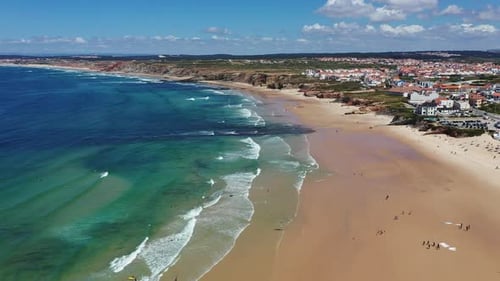 Aerial view of island Baleal naer Peniche on the shore of the ocean in west coast of Portugal. Balea