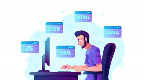 Programmer Coding on Computer with Floating Code Language Icons