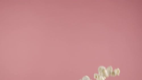 Foto em super câmera lenta de pipoca em fundo rosa após ser explodida