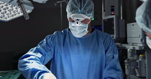 Doctors, surgeon and surgery in theater with medical support for healthcare