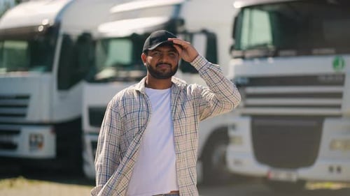 Confident Indian Truck Driver Putting on a Cap in Front of Semi Trucks