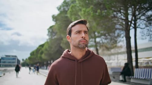 Fit Man Jogging Cardio in Urban Park Closeup Determined Sporty Brunette Running