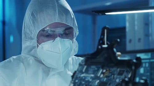 Microelectronics Engineer Works in a Modern Scientific Laboratory on Computing Systems and