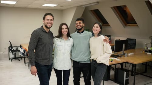 Smiling Professional Diverse Corporate Office Business Team Members Group Look at Camera