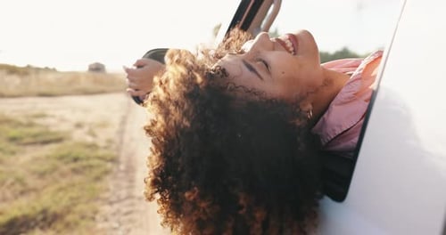 Travel, wind and woman with a smile, car and freedom with summer break, journey and happy in road