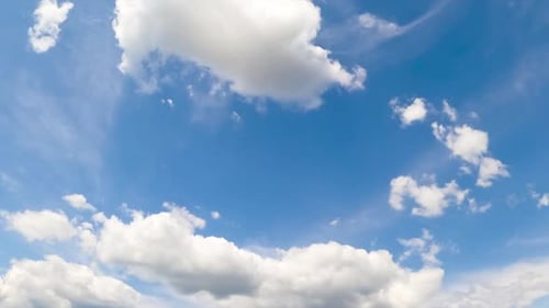 Light blue summer sky with fluffy soft clouds. White cloudscape formation from low angle view.