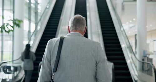 Business man, back and escalator with walking of professional and ceo at airport