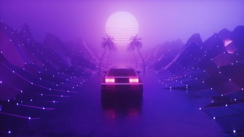 Nebelige Straße mit Landschaft und Auto, Synth-Wave-Hintergrundschleife