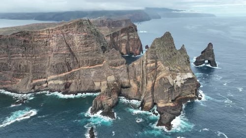 Aerial view of rugged cliffs along the Atlantic coast, Portugal.