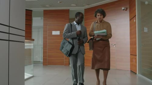 Business Professionals Talking While Walking in Office