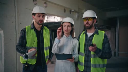 Professional Caucasian Colleagues Team Discussing Building in Construction Guys Technicians