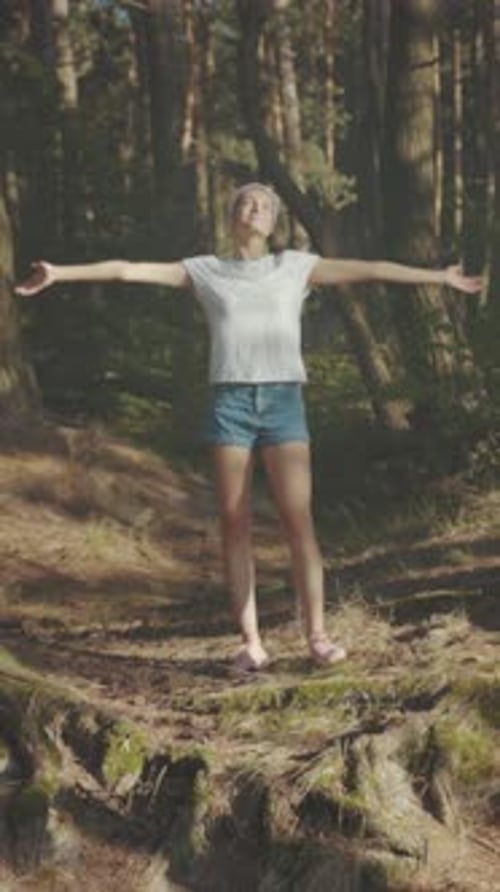 Woman Exploring Forest Delights Female Individual Finding Joy in Wilderness Through Lively and Free