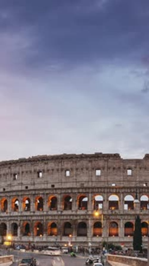 Rome Italy Colosseum Vertical Footage Video Day To Night Time Lapse Traffic Near Flavian
