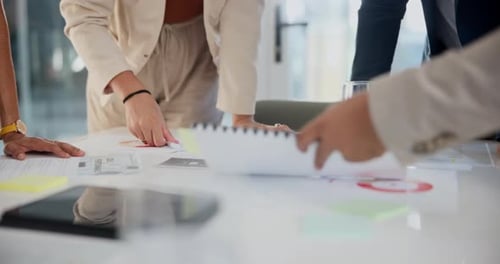 Team, documents and hands of business people in office with graphs or statistics for planning