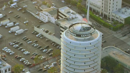 Los Angeles California CIRCA-2018. Soaring Over Downtown Los Angeles Revealing Capitol Records