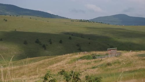 Une vue d'un paysage de vallée verdoyante de montagnes, un grand mouvement d'ombre de nuages sur le sol.