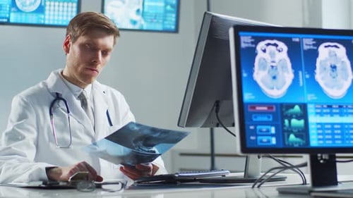 Professional Medical Doctor Working in Hospital Office Using Computer Technology Medicine