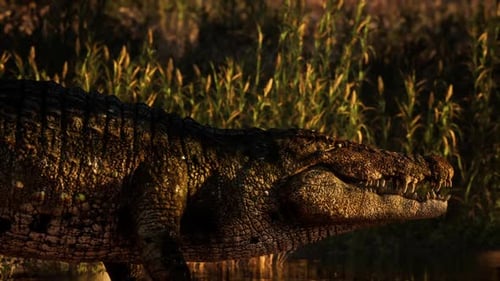 Grand crocodile se reposant près d'un rivage herbeux pendant l'heure dorée