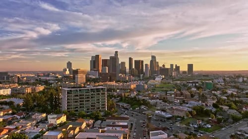 Los Angeles Skyline at Sunset LA at Dusk Aerial View of Downtown LA Sunset Over Los Angeles