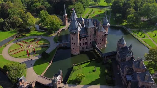 Top view of the largest castle in the Netherlands, De Haar. A beautiful quadcopter flight