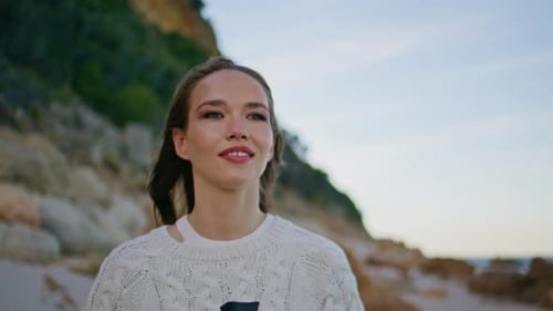 Tourist Filming Evening Beach on Vintage Camera Walking Beautiful Coast Closeup