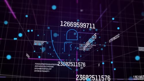 Animation of numbers changing with online security padlock over network of connections on blue