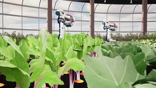 Smart Agriculture Robots Tending Plants in Modern Greenhouse