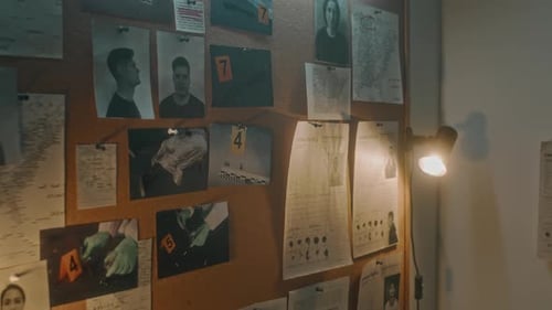 Crime Investigation Board with Evidence and Photos