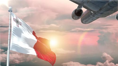 Malta Flag Waving with Airplane Flying in Sky