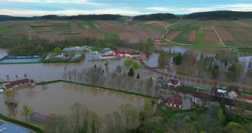 Aerial View of the Floods in the France Yonne River in Flood Natural Disaster Water Flooded a City