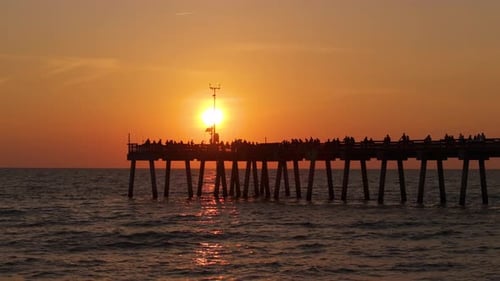 Venice Florida People Enjoying Bright Sunset on Fishing Pier Seaside Summer Activities on Fresh Air