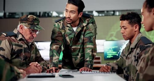Adults in Camouflage Uniforms Conferring in Workplace