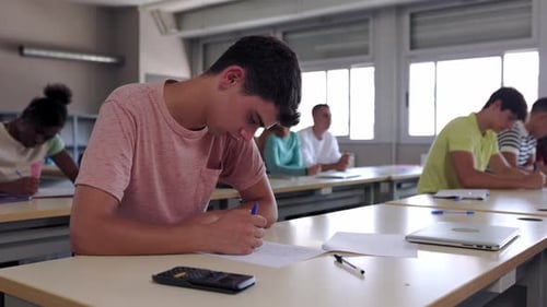 Hispanic Latin College Students Studying and Doing Exercises in Classroom