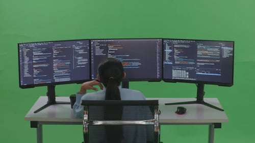 Back View Of Bored Asian Woman Developer Write Code With Multiple Computer Screens In Green Screen