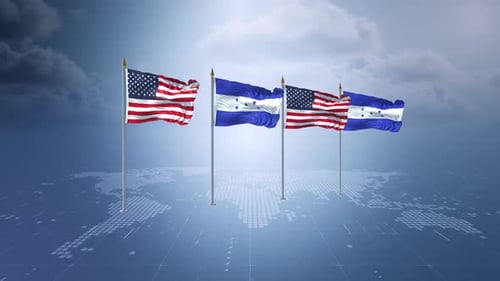 Realistic USA and Honduras Flags Waving on World Map