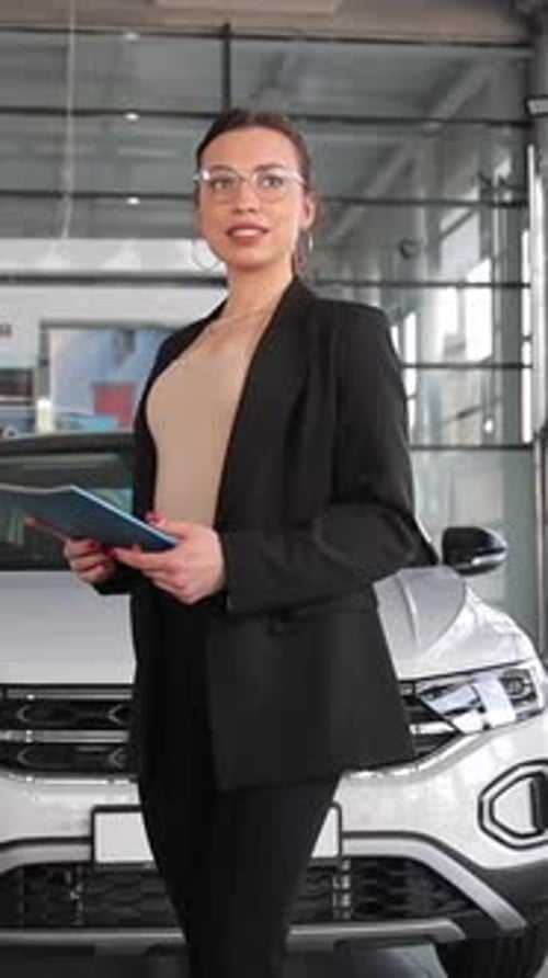 Confident Car Dealer Smiling and Holding Tablet in Modern Showroom Vertical Video