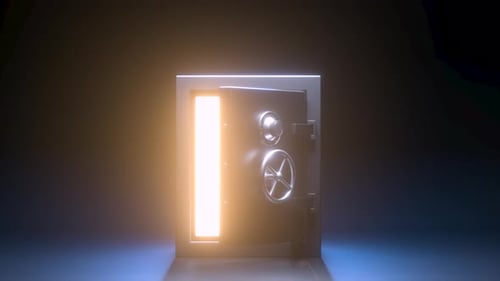 Zoom in view of metal safe deposit with opening door revealing bright light in dark storage room