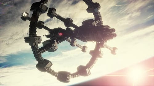 Futuristic Space Station Rotating in Earth Orbit