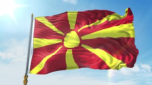 Realistic Flag of North Macedonia Waving in Blue Sky
