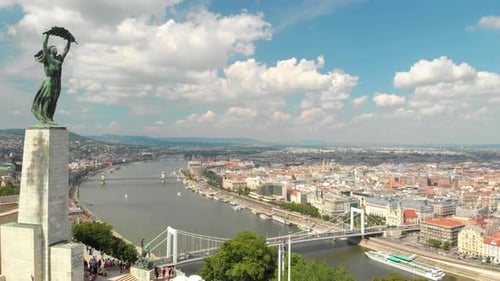Budapest, Hungary. Drone Aerial View of Liberty Statue and Danube River From Gellert Hill on Sunny S
