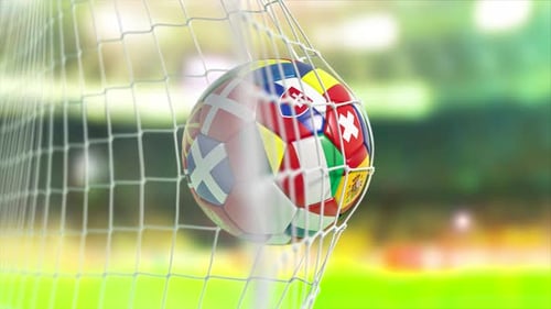 International Football Scoring Goal with National Flags