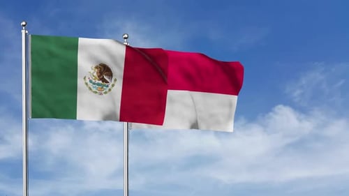 Realistic Waving Flags: Mexico and Indonesia Against Blue Sky