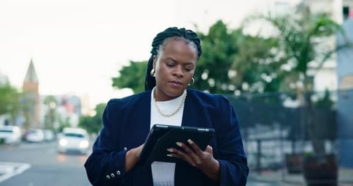 Professional, woman and walking with tablet in city for communication in outdoor for career
